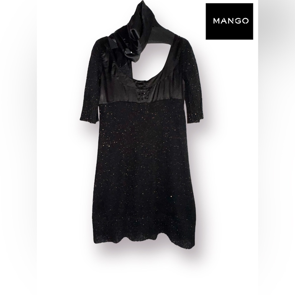 🛍️SALE🛍️ Mango Vintage Knitted Black&Copper Sparkle Dress w/Fringed Satin Scarf - Picture 3 of 15
